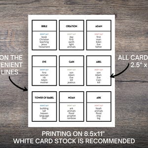 May include: A sheet of white cards with black text, featuring biblical terms like "Bible," "Creation," and "Adam." Each card includes a "Don't Say" section. The cards are 2.5" x 3" and designed to be trimmed on the cut lines.