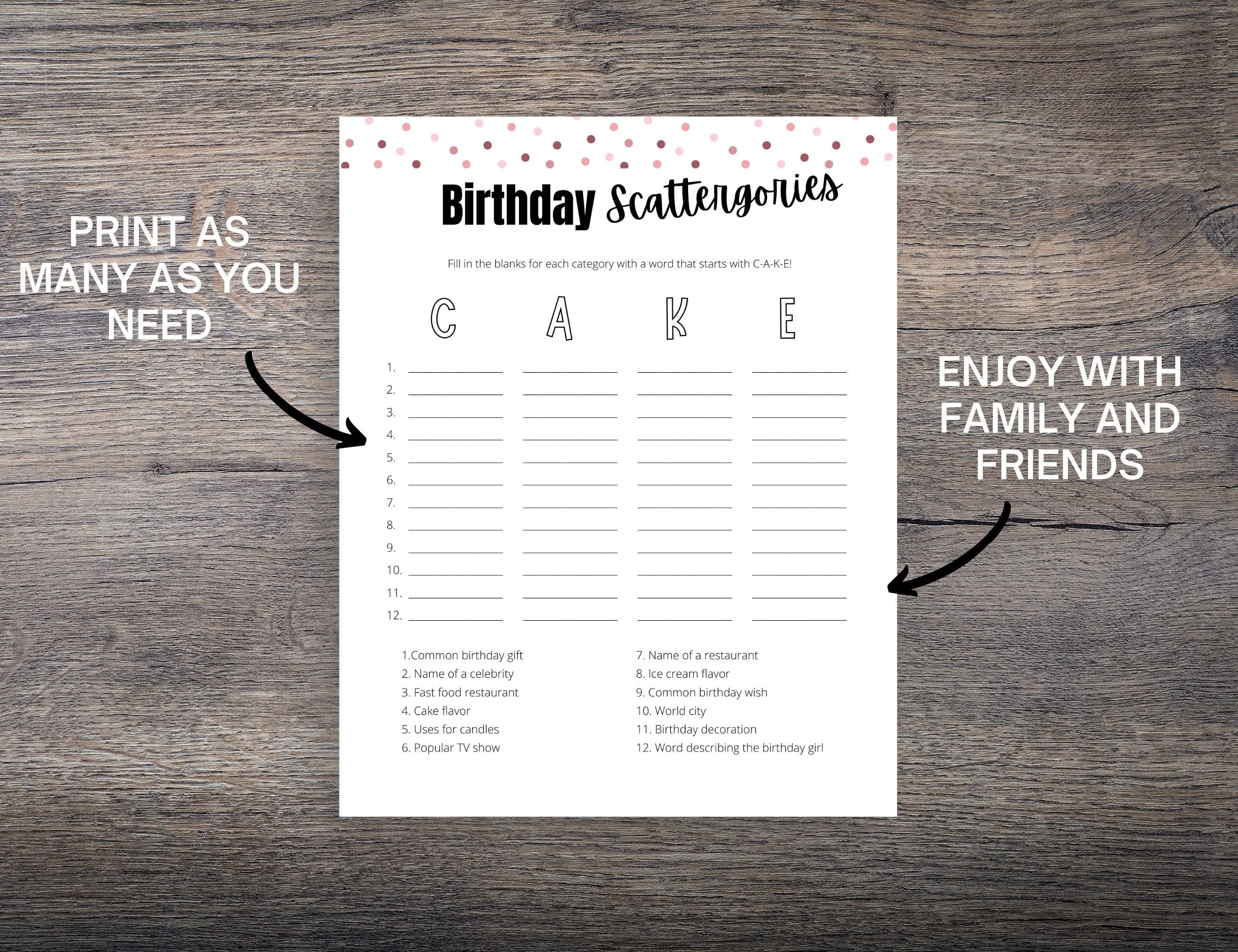 Birthday Scattergories Game for Her Printable Birthday Party - Etsy