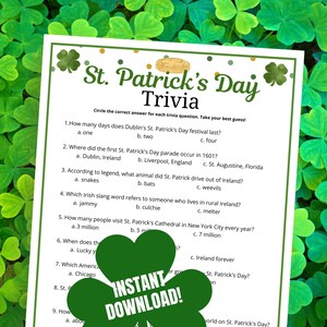 St. Patrick&#39;s Day Trivia Game: Printable Party Quiz (PDF)