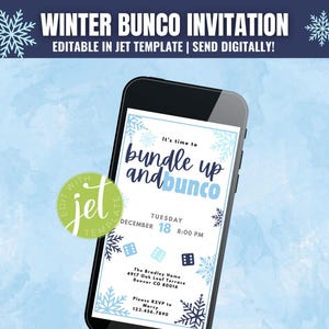 Puede incluir: Un teléfono inteligente muestra una invitación de Bunco con temática invernal. La invitación presenta copos de nieve y el texto "Winter Bunco Invitation" y "Bundle up and Bunco". La invitación incluye la fecha, la hora y el lugar.