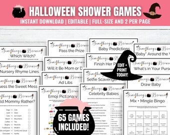 Somethings Brewing Baby Shower Games Bundle: 65 Halloween Shower Activities (Printable, Editable Canva)