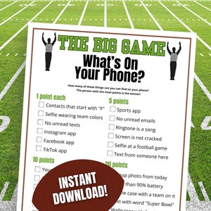 Op de afbeelding: Een printbare spelkaart met de titel "The Big Game: What's On Your Phone?" De kaart bevat een lijst met items die op een telefoon te vinden zijn, met punten die aan elk item zijn toegewezen. De kaart is ontworpen om te worden gebruikt tijdens een voetbalwedstrijd.