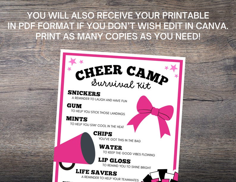 Editable Cheer Camp Survival Kit Printable: Gift Bag Tag (digital ...
