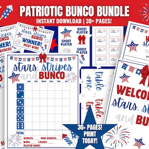 Paquete Bunco MEGA de Patriotic USA, Bunco imprimible del 4 de julio, Bunco del Día de los Caídos, tema de banderas, tarjetas de puntuación de Bunco, hojas de recuento, números de mesa