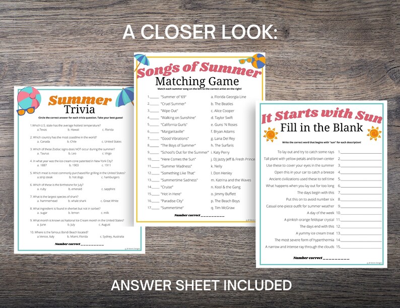 Summer Trivia Games Bundle Fun Summer Games for Adults Etsy