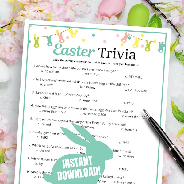 Easter Trivia Game, Easter Trivia Questions & Answers, Easter Quiz for Teens, Adults, and Seniors, Easter Egg Hunt Activity for Older Kids