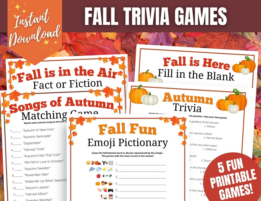 Fall 5game TRIVIA Bundle, Fun Autumn Trivia Questions and Answers