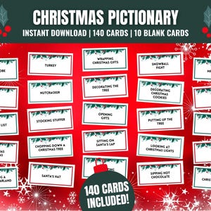 Tarjetas navideñas de Pictionary, tarjetas navideñas de Pictionary para imprimir, juego familiar navideño, actividad de Nochebuena, idea divertida para una fiesta navideña
