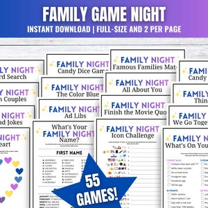 May include: A collection of printable family game night activities. The games include word searches, trivia, and fill-in-the-blank prompts. The text "FAMILY GAME NIGHT" is at the top, with "INSTANT DOWNLOAD" below it. The image includes 55 games.