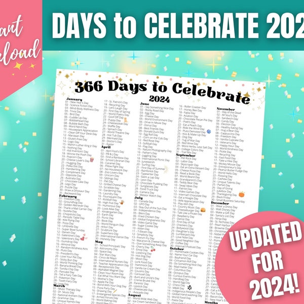 366 Days to Celebrate, 2024 National Fun Days Calendar, Social Media Ideas, Theme Days 2024, Printable Calendar, Fun Yearly Calendar 2024