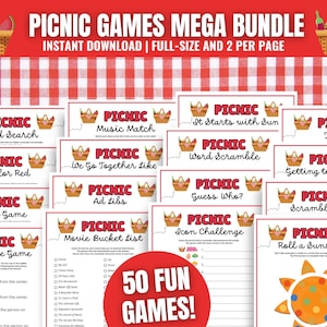 May include: A collection of printable picnic games, including word searches, trivia, and more. The games are displayed on white cards with red picnic basket graphics and text. The title "PICNIC GAMES MEGA BUNDLE" is at the top.