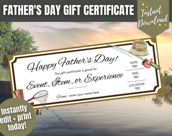 Fishing Themed Editable Father’s Day Gift Certificate Template, Personalized Fathers Day Gift Voucher, Fathers Day Coupon for Dad or Grandpa