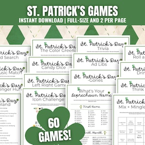 May include: A selection of St. Patrick's Day games, such as word searches and trivia, with a green and white theme and shamrock decorations. The image includes the text "St. Patrick's Games" and indicates the games are an instant download.
