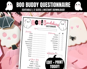 Pink Halloween Boo Buddy Questionnaire: Gift Exchange Template (Editable PDF)