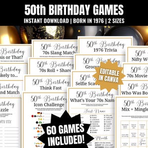 Puede incluir: Una colección de juegos imprimibles para la fiesta del 50 cumpleaños. Los juegos incluyen trivial, rompecabezas de palabras y bingo, con un tema de los años 70. La imagen incluye el texto "50th Birthday Games" y "60 Games Included!"