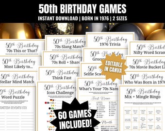 Paquete MEGA de juegos para fiesta de 50 cumpleaños: Actividades editables "Nacido en 1976" (Descarga digital)