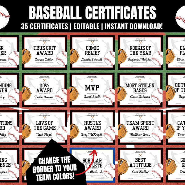 Certificados de premios de béisbol editables, premios del equipo de béisbol, premios de fin de temporada de béisbol, fiesta del equipo de béisbol, premios T-Ball
