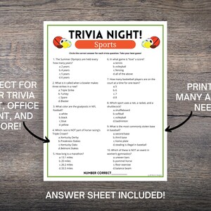 May include: A printable trivia game with questions about sports. The game is titled "Trivia Night! Sports". The questions cover topics such as the Summer Olympics, bowling, football, horse racing, and marathons.