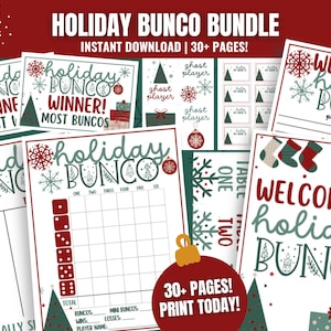 Feestdag Bunco MEGA-bundel, afdrukbare feestdagen Bunco, Bunco-kaarten december, kerstthema, Bunco-scorekaart, telblad, tabelnummer