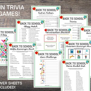 May include: A selection of printable "Back to School" trivia games, such as "Fact or Fiction" and "Trivia." Each sheet has a green border, an apple and globe logo, and various activities. The text includes "I Spy" and "Secret Message." Answer sheets are included.