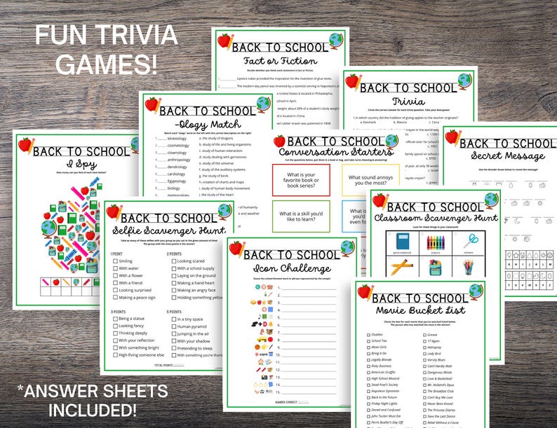 May include: A selection of printable "Back to School" trivia games, such as "Fact or Fiction" and "Trivia." Each sheet has a green border, an apple and globe logo, and various activities. The text includes "I Spy" and "Secret Message." Answer sheets are included.