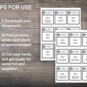 May include: Printable flashcards with the text "SECOND Old Testament" and various topics like "Cities or towns in the Old Testament" and "Biblical villains." Instructions include downloading, printing on white card stock, and cutting. The cards are on a wooden surface.