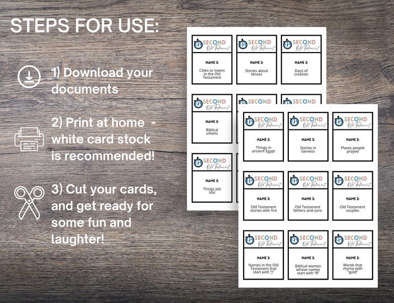 May include: Printable flashcards with the text "SECOND Old Testament" and various topics like "Cities or towns in the Old Testament" and "Biblical villains." Instructions include downloading, printing on white card stock, and cutting. The cards are on a wooden surface.