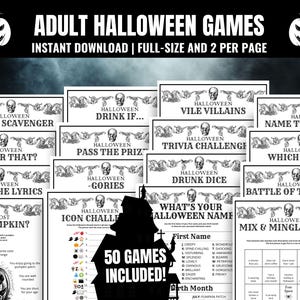 Peut inclure: Ensemble de jeux d'Halloween imprimables, comprenant des chasses au trésor photo, des jeux-questionnaires et des bingos. La conception présente un motif de citrouille et de crâne effrayant, avec le texte "ADULT HALLOWEEN GAMES" et "50 GAMES INCLUDED!"