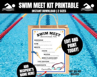 Könnte beinhalten: Eine braune Papiertüte mit einem blau-weißen "Swim Meet Survival Kit"-Etikett. Das Etikett enthält eine Liste von Artikeln wie Snickers, Kaugummi und Wasser. Der Text oben lautet "Swim Meet Kit Printable" und "Instant Download | 2 Sizes".