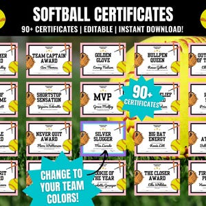 Editable Softball Award Certificates, Softball Team Awards, Softball End of the Season Awards, Softball Team Party, Softball Season Awards