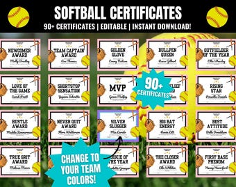 Editable Softball Award Certificates: End of Season Team Party Awards (PDF, Canva Template)