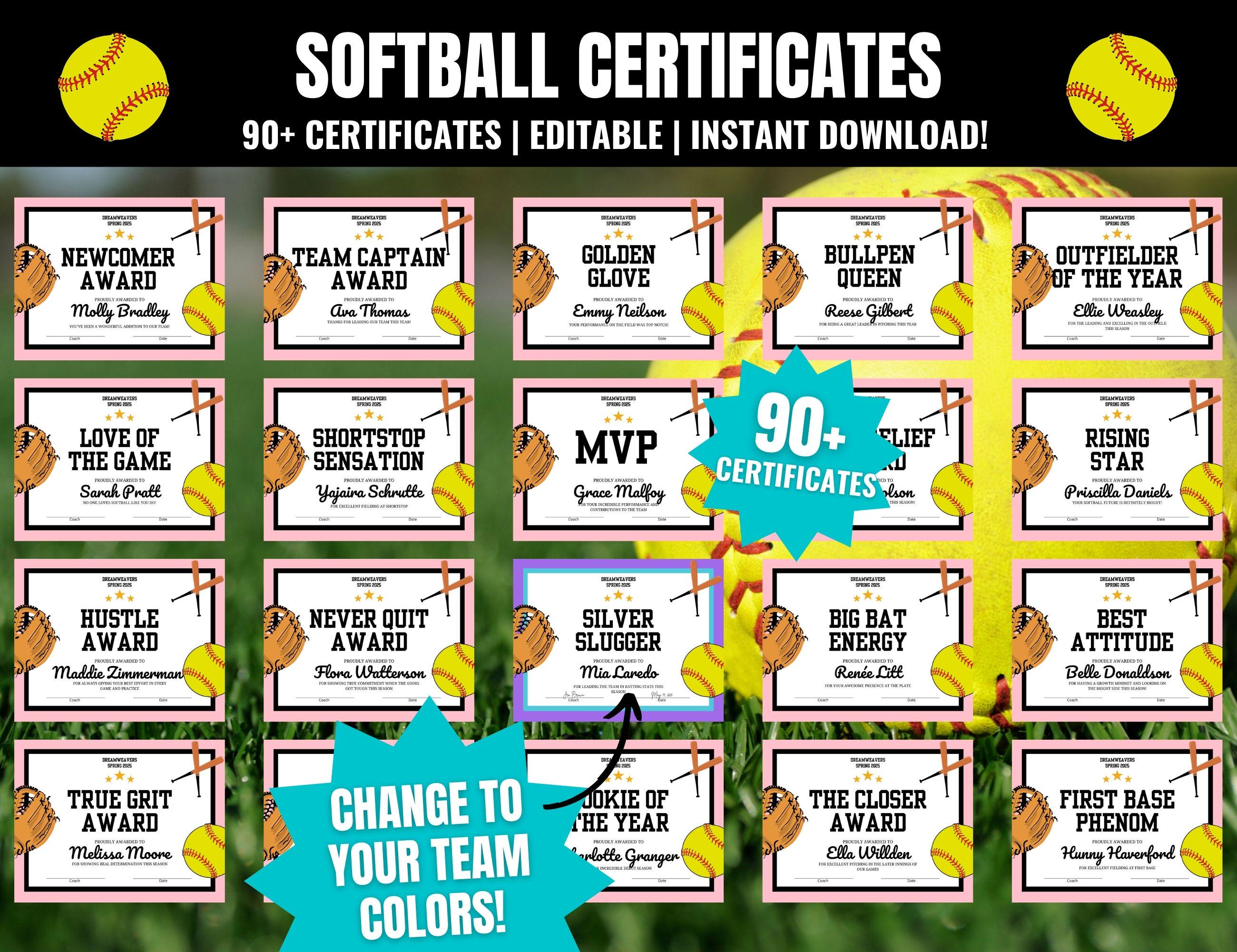 Congratulations Softball Editable Softball Award Certificates: End of Season Team Party Awards ...