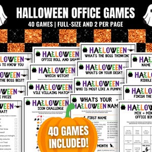 May include: A collection of 40 Halloween office games, each with a different theme, such as "Getting to Know You", "Who Knows the Boss Best?", "Pass the Prize", "This or That?", "Office Roll and Shade", "Which Witch?", "What's the Boss Thinking", "What's on Your Desk?", "Vile Villains Match", "Who is Most Like a Pumpkin?", "What's Your Halloween Name", "Icon Challenge", "Name That Phobia", "Riddle Me This", "Finish the Lyrics", "Mix + Mingle Office Bingo". The games are printed on white paper with black and green text and images. The image also includes a large orange pumpkin with the text "40 Games Included!" printed on it.