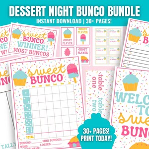 May include: Printable game cards for a dessert-themed Bunco party. The cards feature a pink and white background with sprinkles, cupcakes, and ice cream cones. The text on the cards includes "Sweet Bunco", "Welcome to Sweet Bunco", and "Ghost Player".