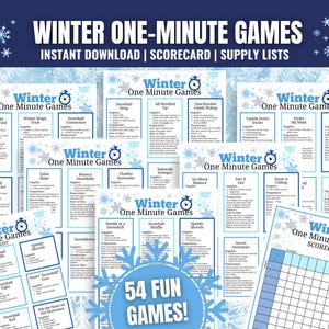 May include: A collection of printable winter-themed games, including a scorecard and supply lists. The design features a blue and white color scheme with snowflake illustrations and the text "Winter One-Minute Games".