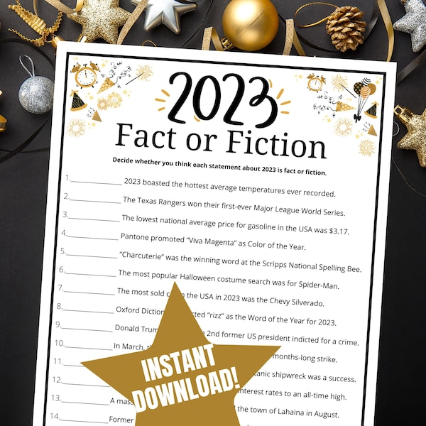 New Year’s Fact or Fiction Game, Fun New Years Eve Quiz, 2023 Year in Review Quiz, New Years Party Game for Adults, Fun New Year's Eve Party