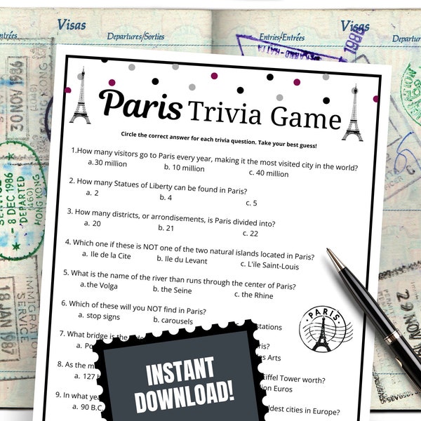 Paris Trivia Game, Paris Party Game for Teens & Adults, Fun French Party Idea, Paris Birthday Party, Paris Quiz, France Trivia Game