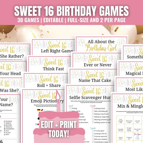 Sweet 16 Birthday Party 30-Game Bundle, Sweet 16 Games Bundle, Editable Birthday Games, Teen Girl Birthday Games, Sweet 16 Party for Her