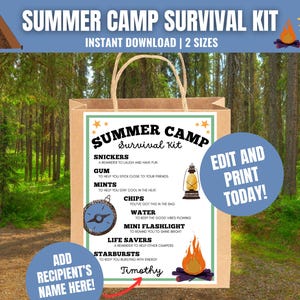Kit de supervivencia para campamento de verano imprimible: Etiquetas editables para bolsas de golosinas (Descarga digital, PDF)