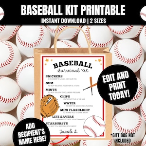Bearbeitbares Baseball-Überlebenskit zum Ausdrucken, DIY-Baseball-Turnier-Überlebenskit-Taschenanhänger, Baseball-Team-Geschenktaschen, Baseball-Camp-Team-Geschenke