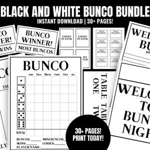 Peut inclure: Cartes de jeu imprimables en noir et blanc pour une soirée Bunco. Les cartes comprennent un panneau de bienvenue, des cartes de score et une carte de joueur fantôme. Le texte sur les cartes indique "Bienvenue à la soirée Bunco", "Gagnant du Bunco ! Plus de victoires", "Gagnant du Bunco ! Plus de Buncos", "Joueur fantôme" et "Table 1".