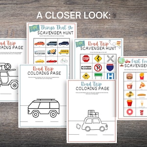 Puede incluir: Un conjunto de p&aacute;ginas para colorear y b&uacute;squedas del tesoro con tem&aacute;tica de viajes por carretera, imprimibles. Las p&aacute;ginas presentan contornos en blanco y negro de coches, se&ntilde;ales de tr&aacute;fico y comida r&aacute;pida. El texto en las p&aacute;ginas incluye "Road Trip Coloring Page", "Things That Go Scavenger Hunt", "Road Trip Scavenger Hunt" y "Fast Food Scavenger Hunt".