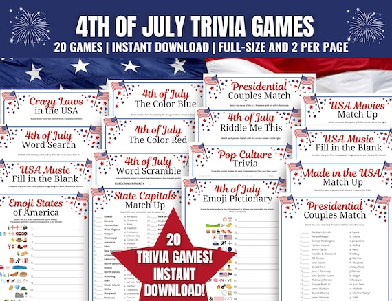 4th of July Trivia Games Bundle: Patriotic Printable Quizzes (Digital Download)