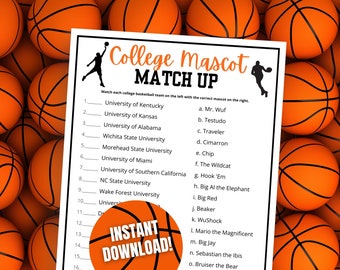 College Basketball Mascot Match Game, Fun March Basketball Party Game, College Basketball Madness Quiz, College Basketball Trivia
