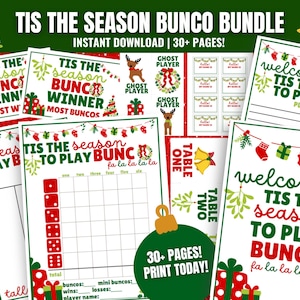 MEGA-bundel kerstbunco, afdrukbare kerstbunco, bunco-kaarten december, kerstthema, bunco-scorecards, notitieblaadjes, tafelnummers