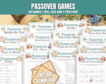 May include: A collection of 20 printable Passover games, each with a different theme, such as "Riddle Me This", "Fact or Fiction", and "Guess How Many". The games are designed to be played during the Passover holiday.