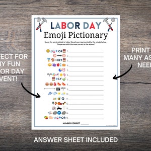May include: A printable Labor Day Emoji Pictionary game with 15 emoji clues and answer lines. The text "PRINT AS MANY AS YOU NEED" is on the right side of the page. The text "PERFECT FOR ANY FUN LABOR DAY EVENT!" is on the left side of the page.