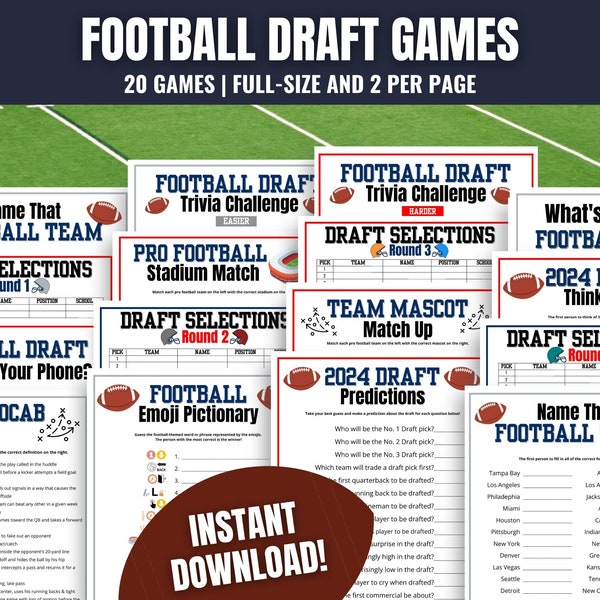 Football Draft 20-Game MEGA BUNDLE, Draft Watch Party Trivia, Football Draft Picks Tracker, American Football Printables, Football Party