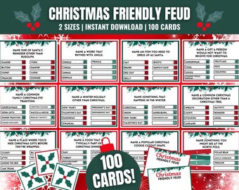 May include: A set of 100 Christmas-themed game cards with red and green holly designs. The cards feature various Christmas-related questions for a friendly feud game. The text on the cards reads "Christmas Friendly Feud".