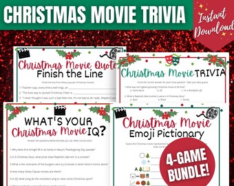 Pode incluir: Um pacote de 4 jogos de trivia de filmes de Natal imprimíveis. Os jogos incluem um jogo de terminar a linha de citações de filmes, um jogo de trivia, um dicionário de emojis de filmes de Natal e um jogo de qual é o seu QI de filmes de Natal.